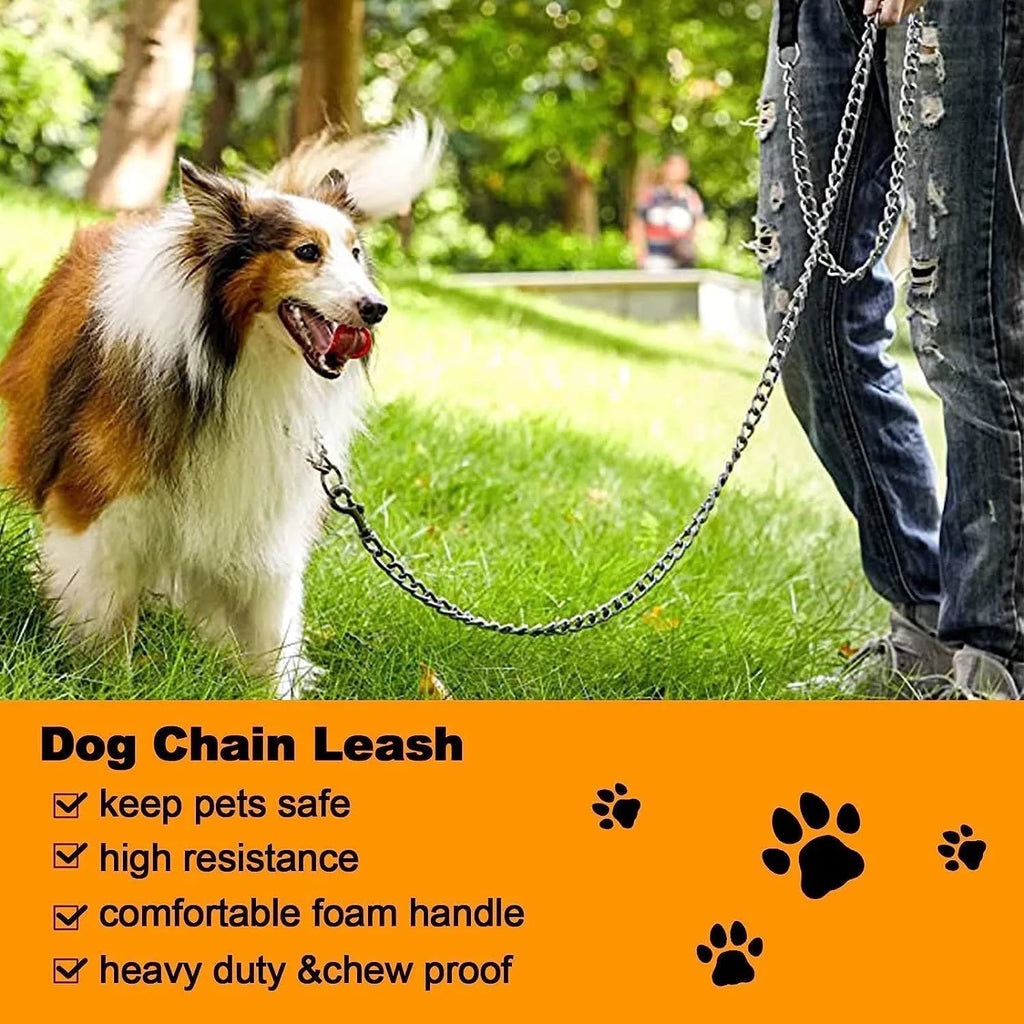 Heavy duty metal dog chain leash with soft padded handle in black, blue, or red colours