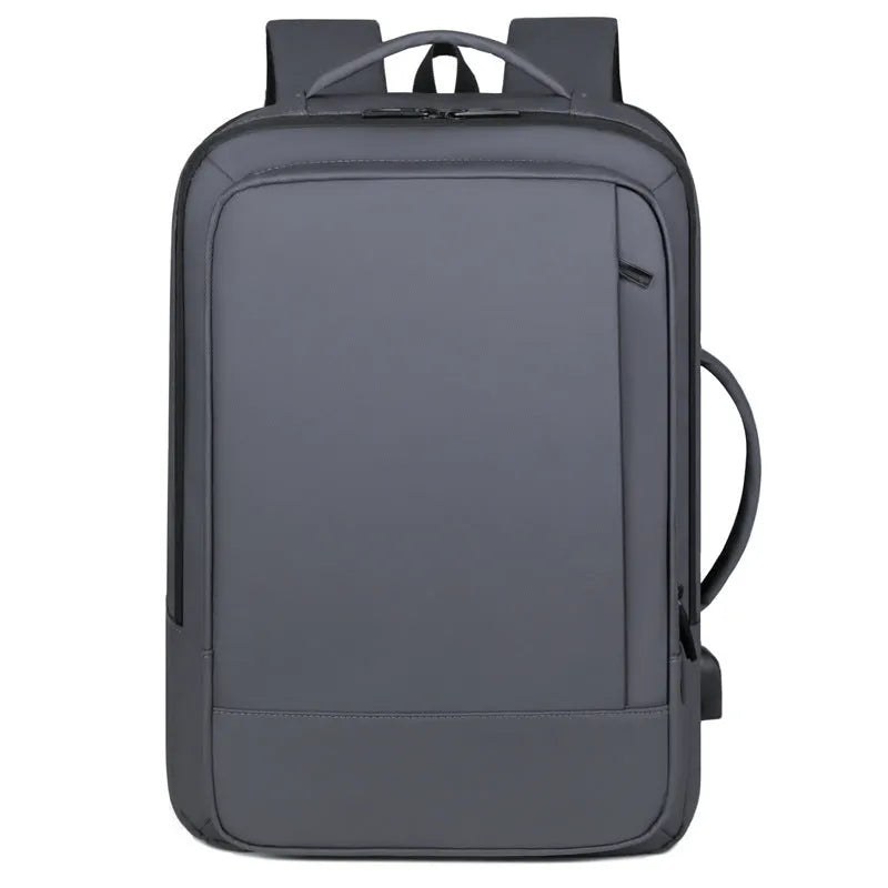 Black large capacity Oxford cloth men's backpack with curved shoulder strap, shown for business and travel use.
