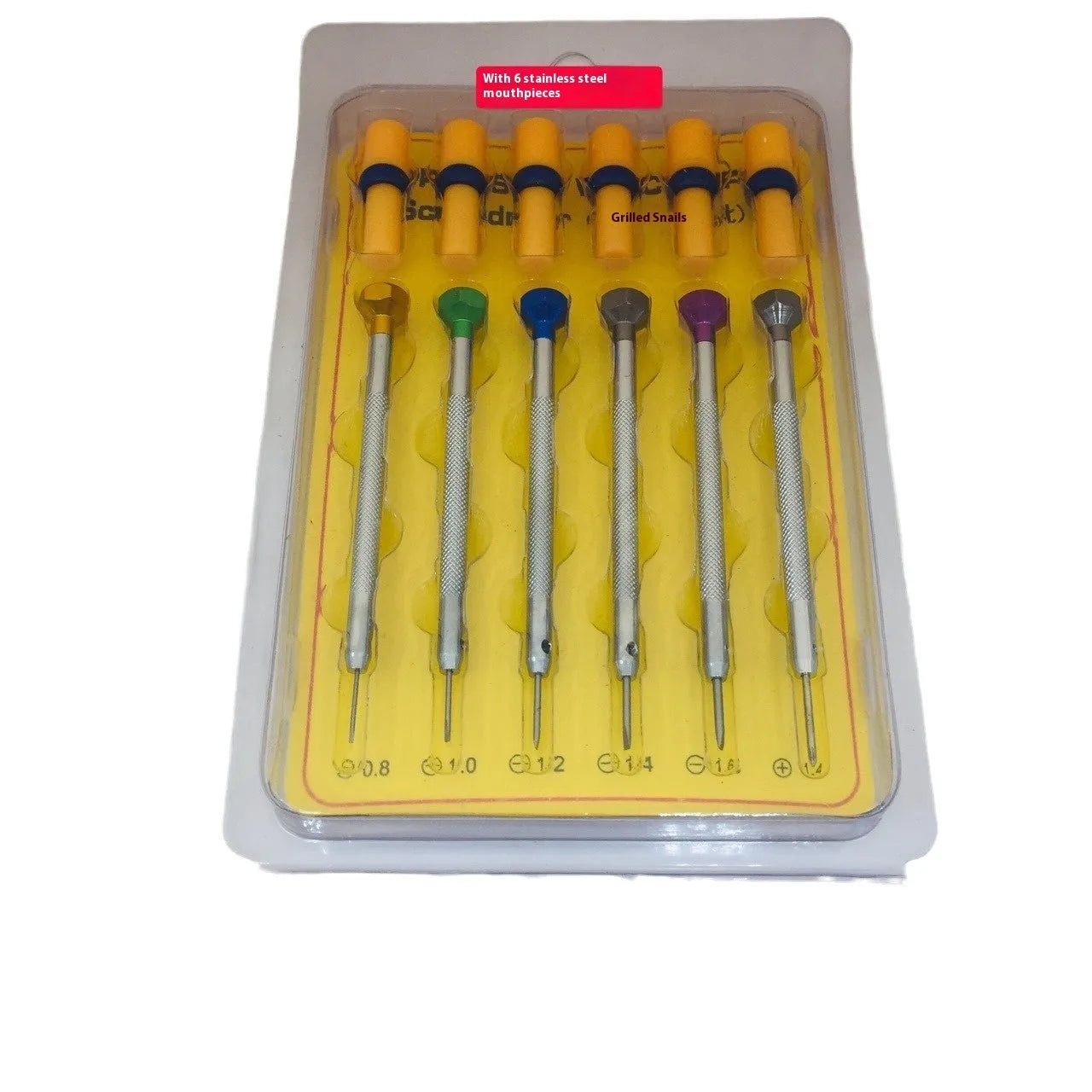 Six colour-coded watch repair screwdrivers with aluminium and copper handles laid out on a surface.