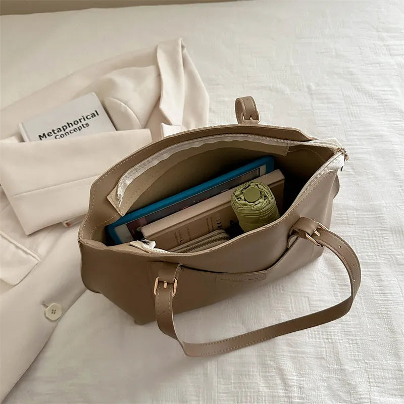 Women's horizontal square tote bag in PU material with internal mobile phone pocket, shown in available colours