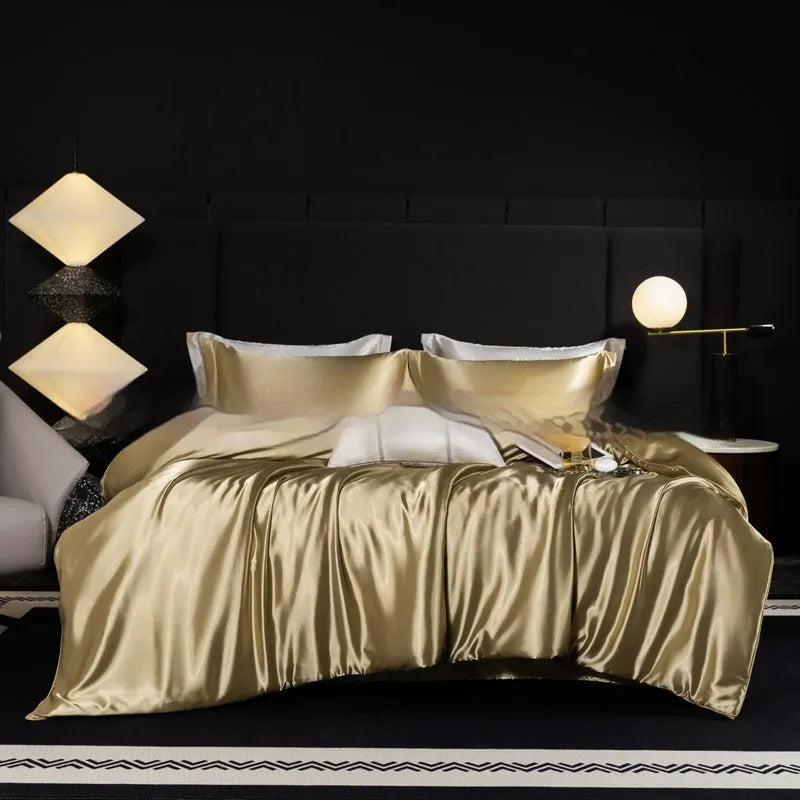 Silk bed sheet four-piece set in solid colour on bed, showing modern simplicity style