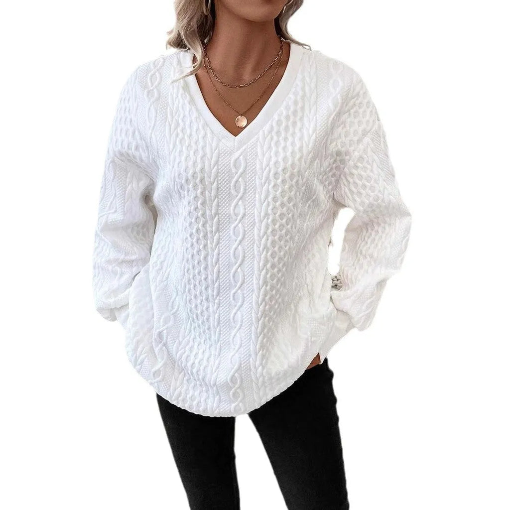 Milky white loose fit long sleeve T-shirt with a 3D pattern, casual pullover style.