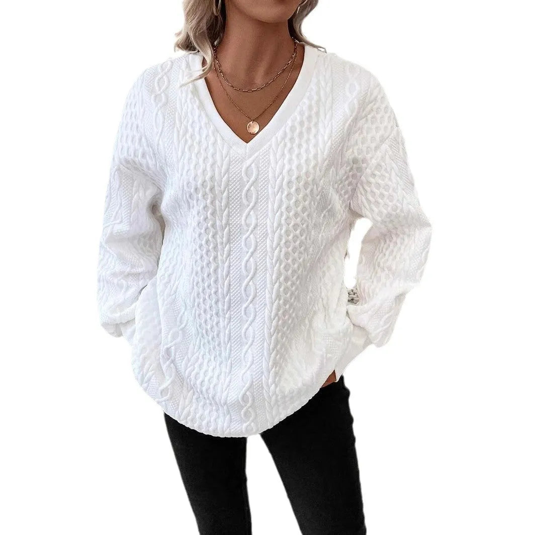 Milky white loose fit long sleeve T-shirt with a 3D pattern, casual pullover style.