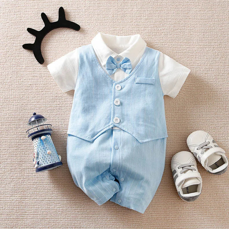 Baby boy gentleman-style long sleeve cotton jumpsuit in wine red, suitable for autumn and spring.