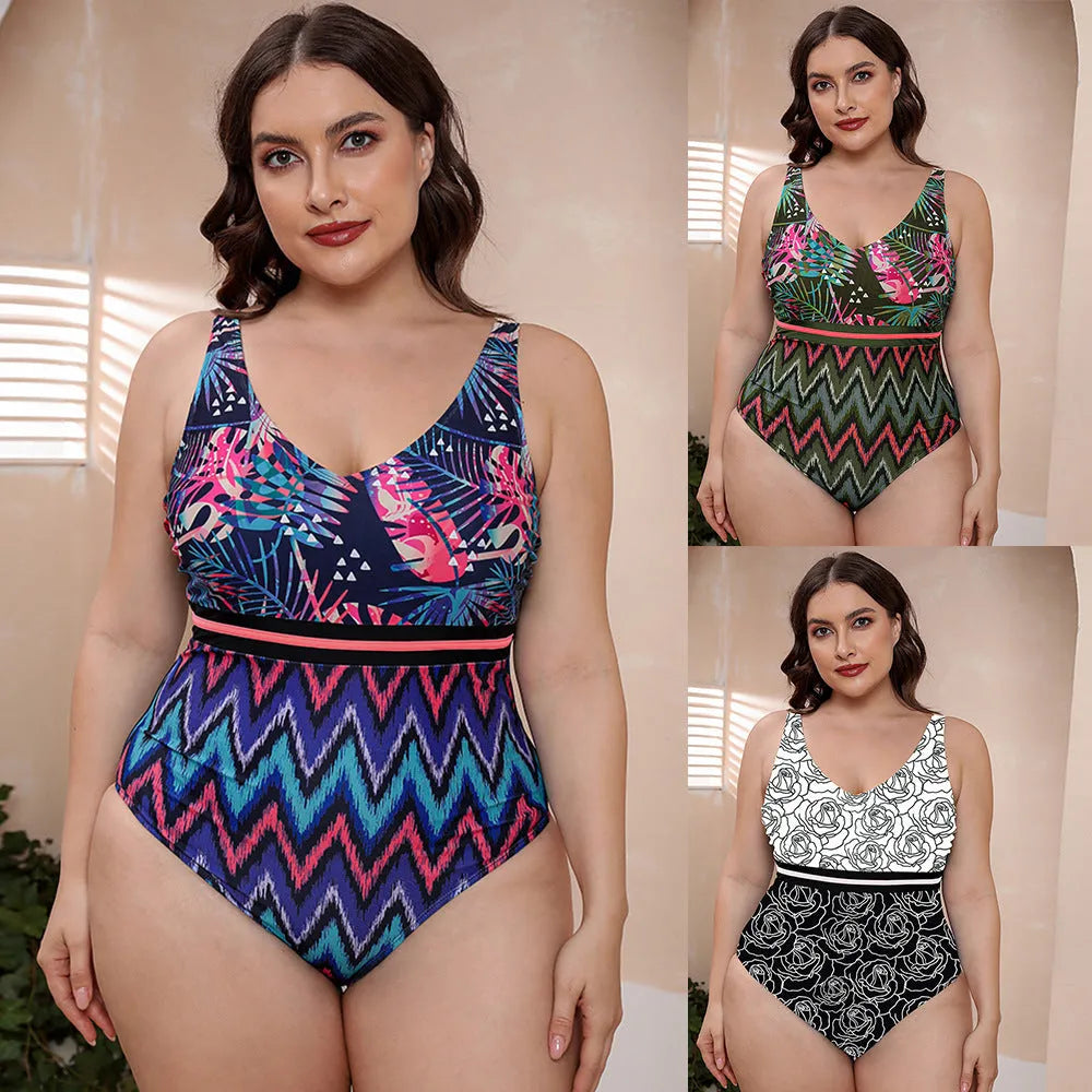 Women's printed spaghetti straps one-piece swimsuit with striped vest design for swimming sports