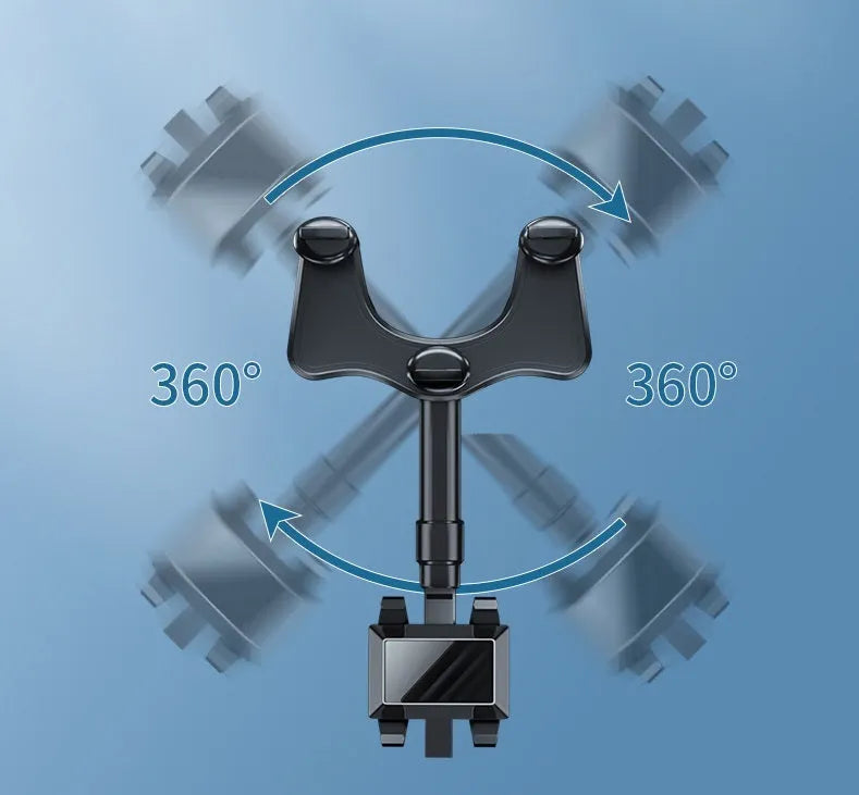 Rotating vehicle navigation bracket mounted on car rearview mirror showing left and right adjustment mechanism