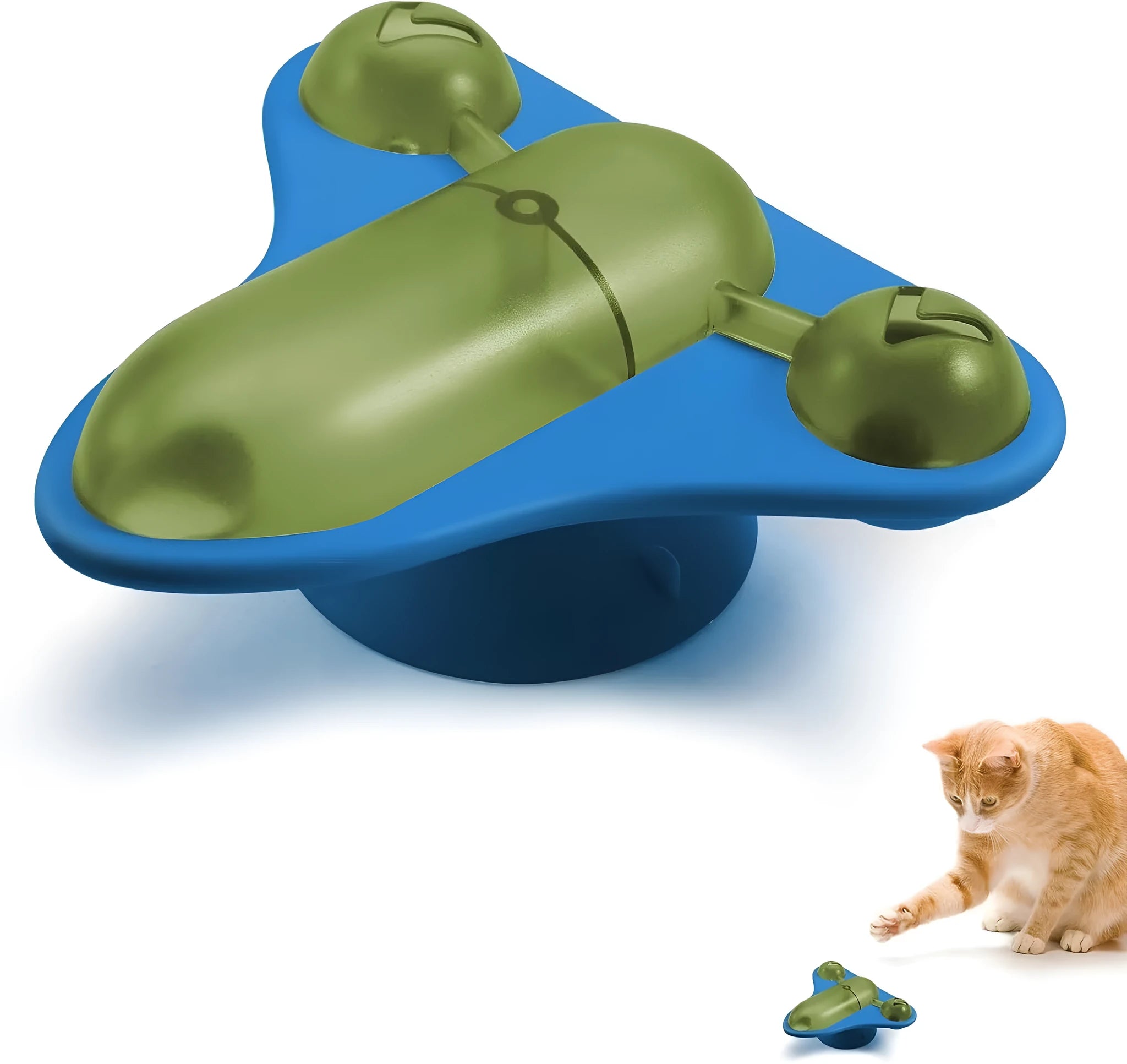 Interactive pet puzzle feeder with suction cup base showing bell, catnip and snack cabin components