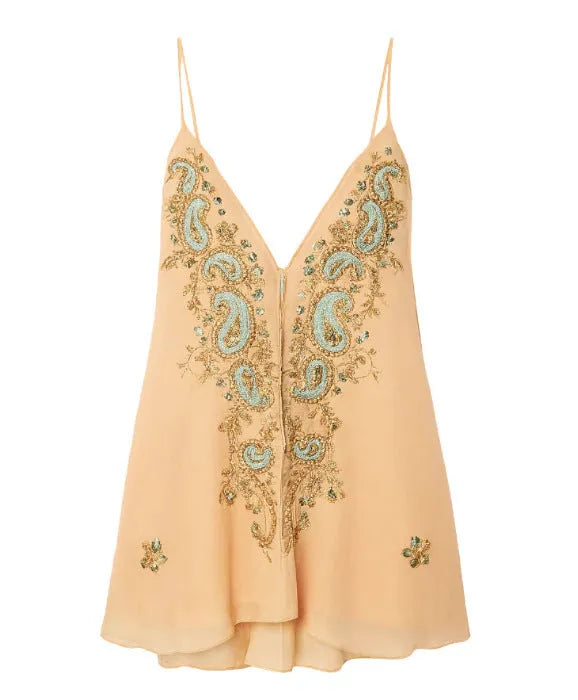 Light yellow sleeveless V-neck strap skirt with ethnic print pattern.