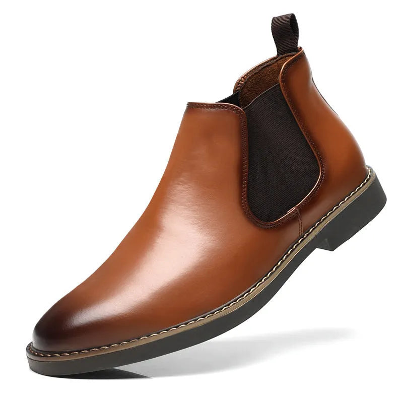 Men's British style leather boots with artificial PU upper and flat square heel in black and yellow colour options
