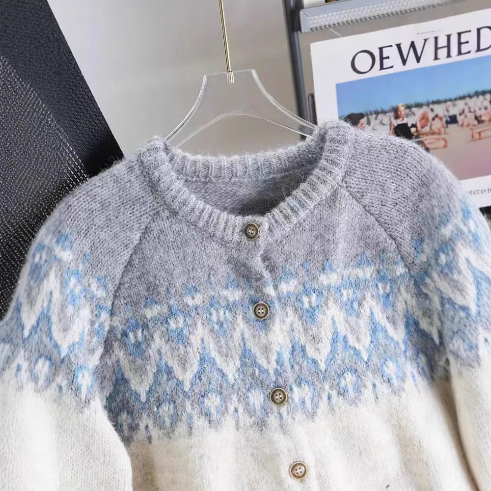 Women's loose fit jacquard sweater coat in milky white colour