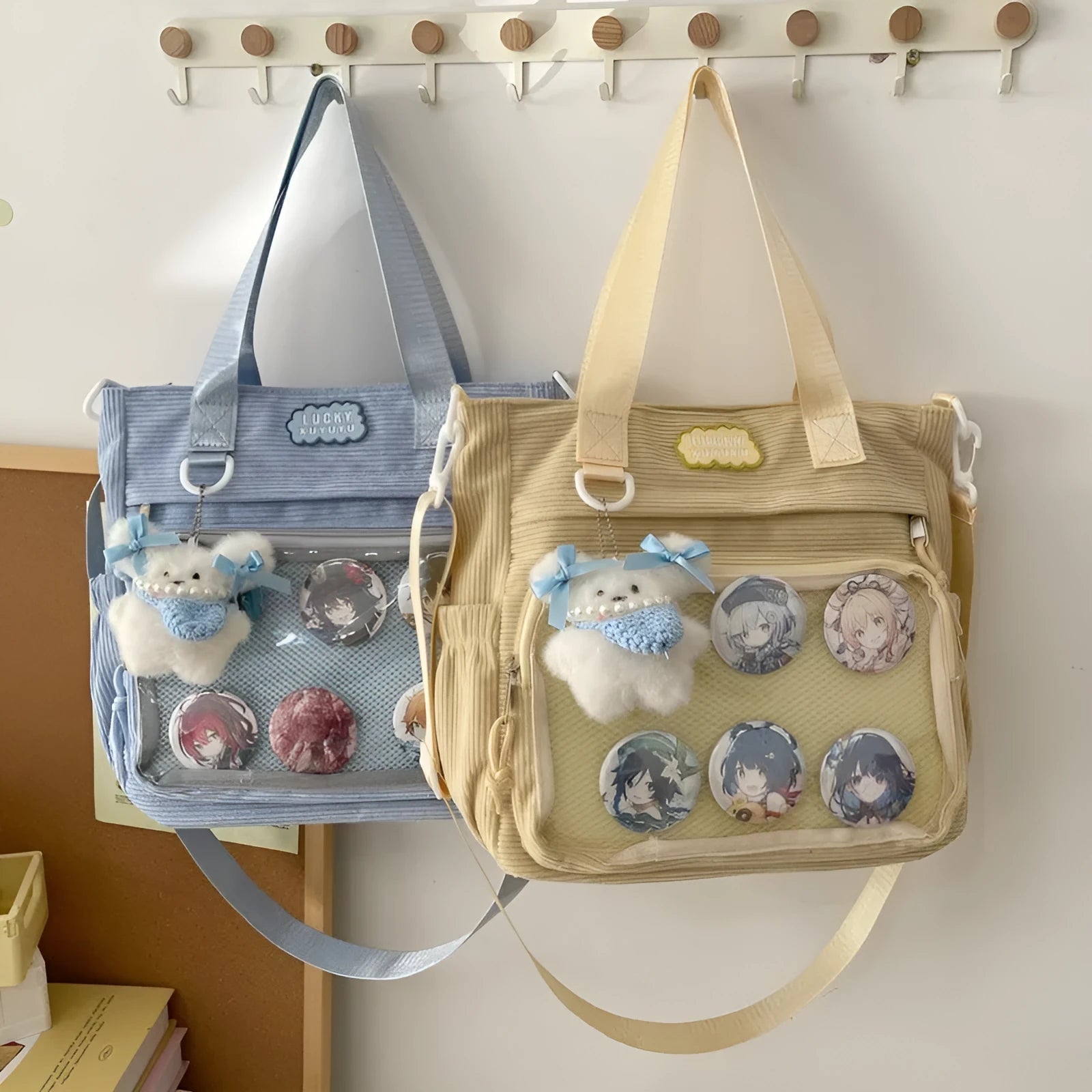 Large capacity transparent crossbody bag in beige with nylon build and single shoulder strap