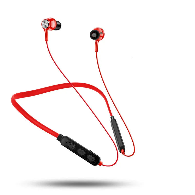 Black neckband sports Bluetooth earphones with earpieces, shown with USB charging cable.