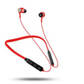 Black neckband sports Bluetooth earphones with earpieces, shown with USB charging cable.