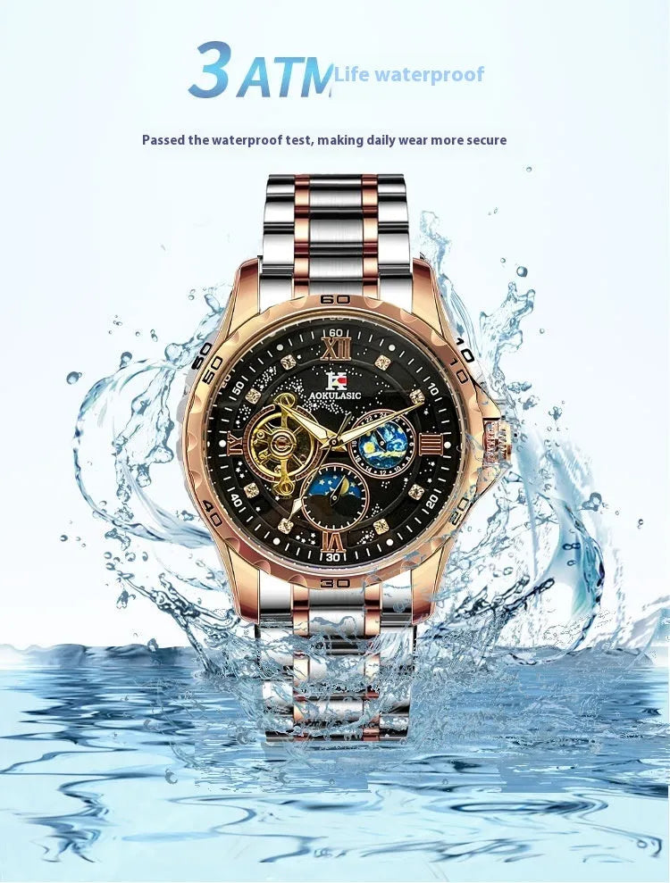 Men's automatic mechanical watch with large dial, rose gold case, and black face.