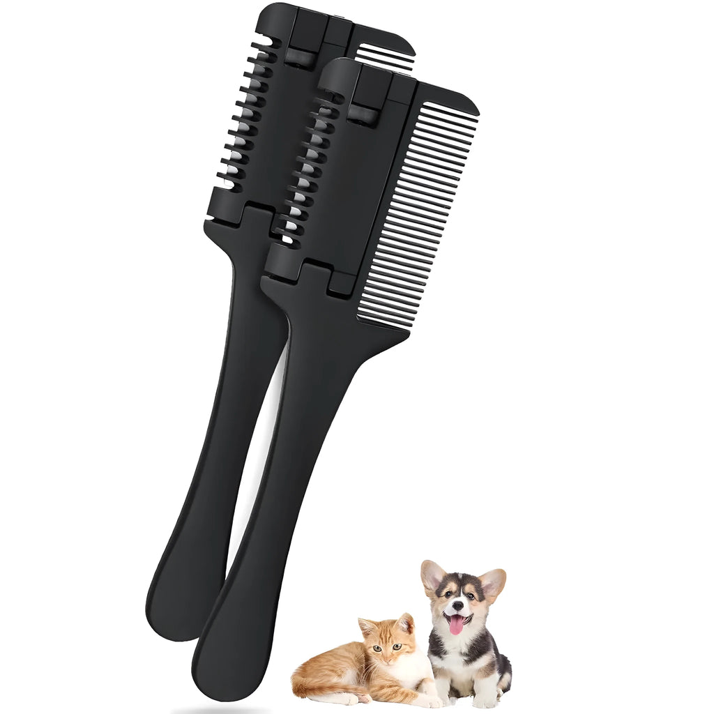 Dog grooming razor comb with detangling teeth and replaceable blades on a white background