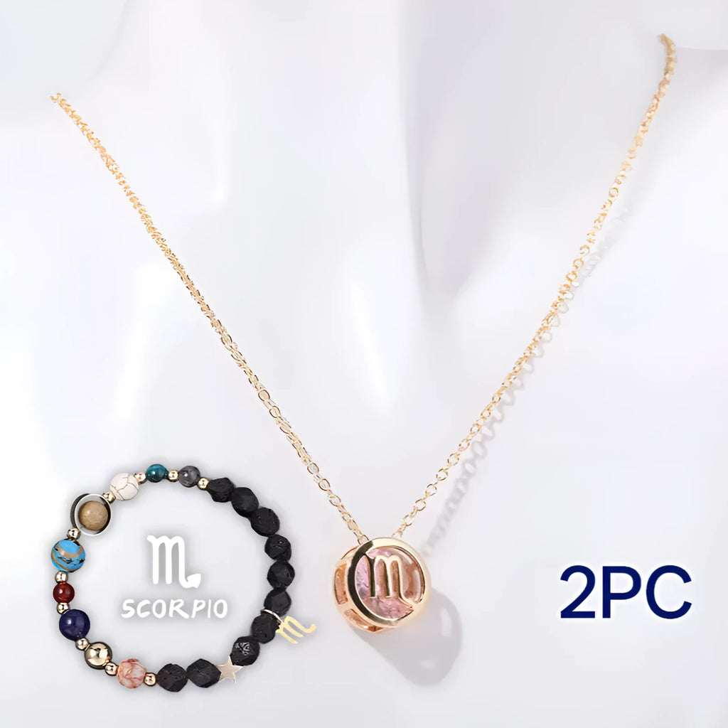 Natural stone beaded necklace and matching bracelet set laid flat, showing various bead colours and styles.