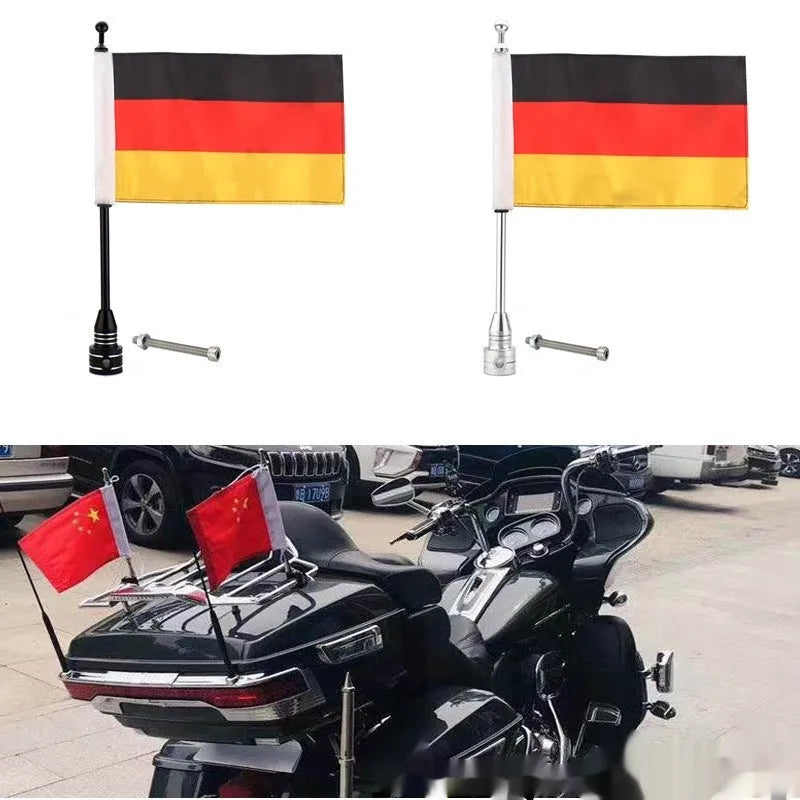 Motorcycle luggage rack flagpole accessory in black and silver finishes mounted on tail box