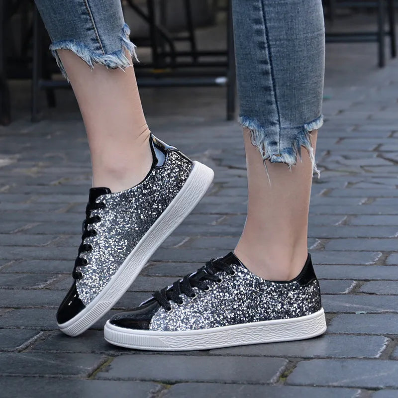Women's colourful sequin low-top casual shoes with round toe and lace-up closure