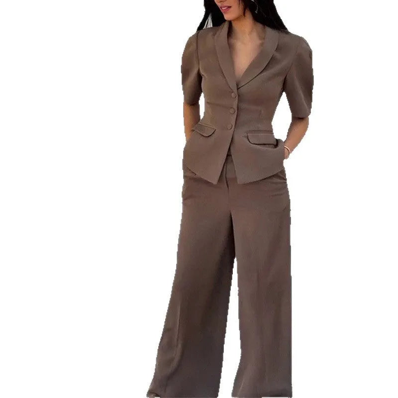 Brown men's slim fit two-piece polyester suit showing top with long sleeves and matching trousers