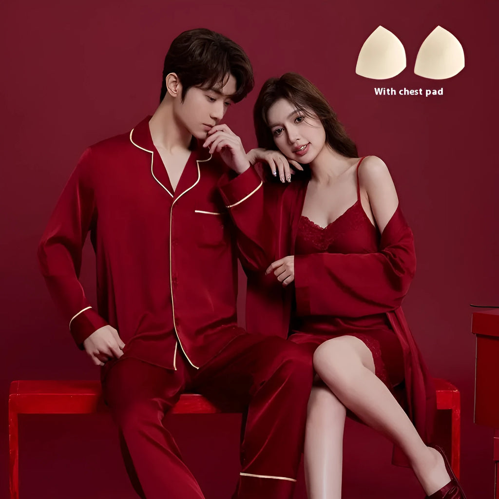 Red long sleeve men's and women's polyester sleepwear suit set for wedding dowry or home use.