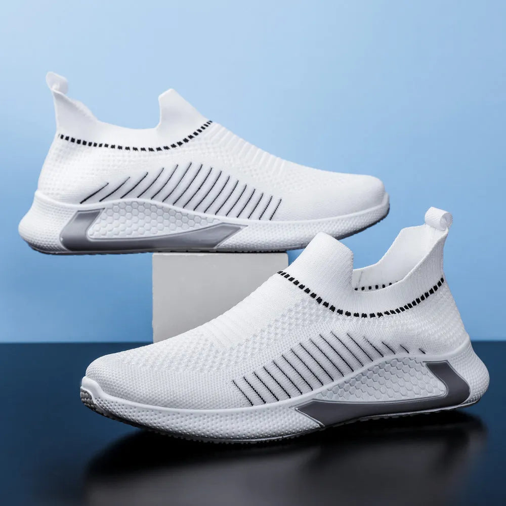 Men's striped mesh sock shoes with lace-up front and flat heel design