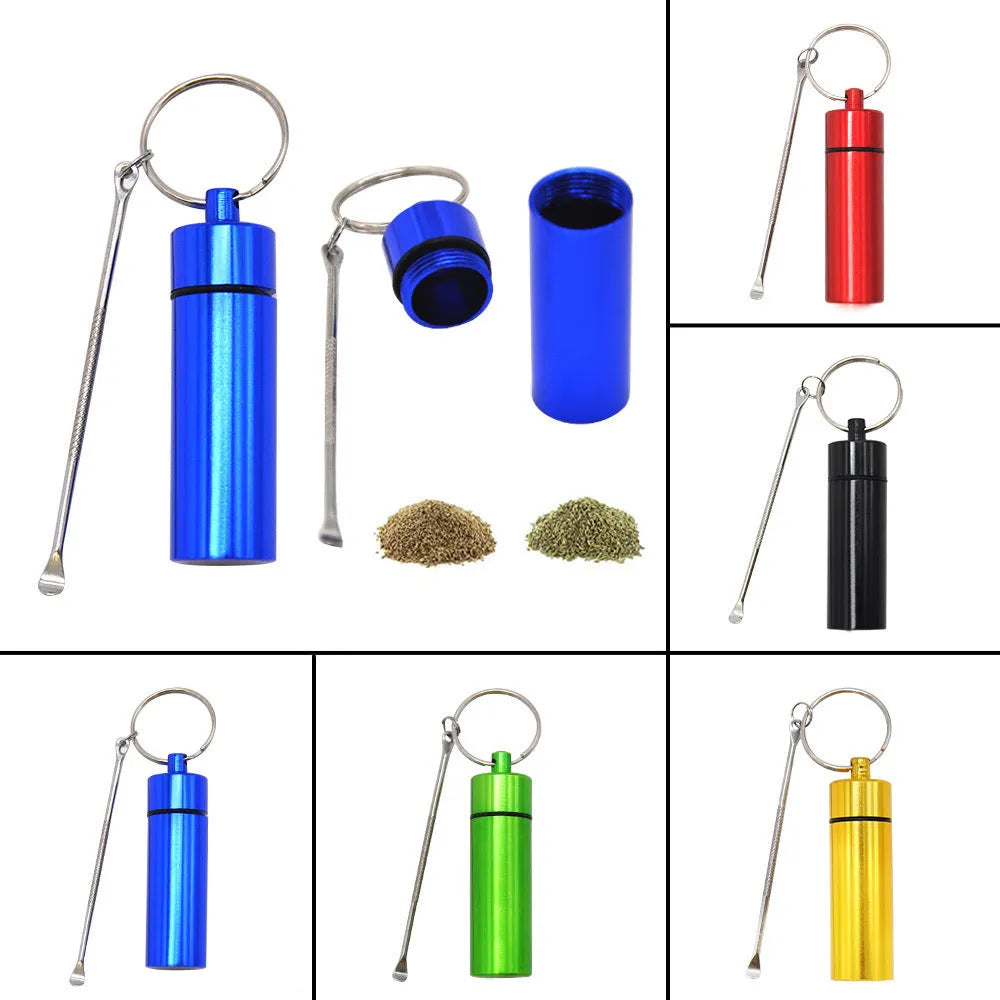 Aluminium portable pill storage bottle with keychain and small spoon in multiple colour options.