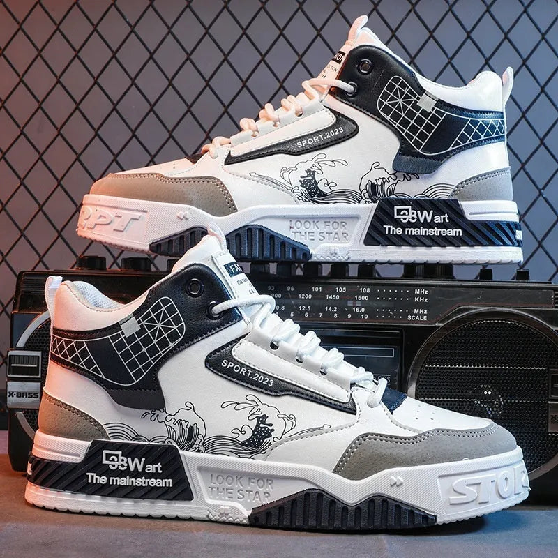 Men's beige high-top board sneakers with lace-up front and rubber sole.