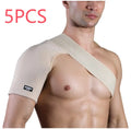 Adjustable skin-colour shoulder support brace with breathable strap for weightlifting and sports.