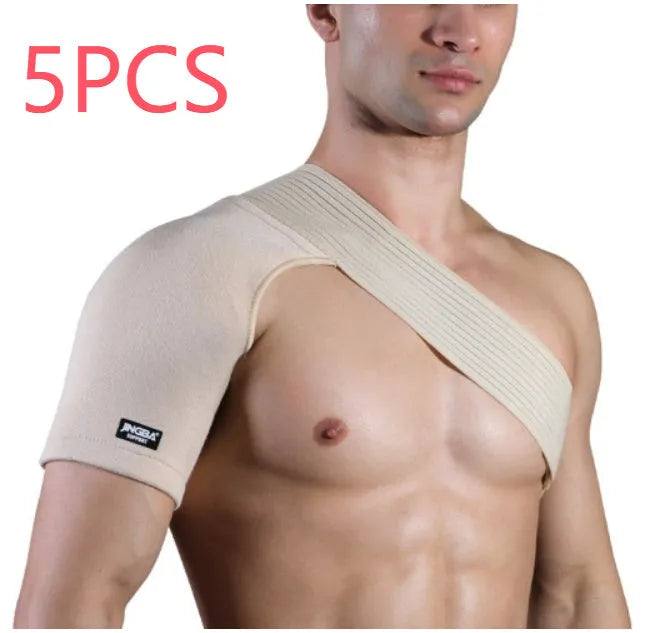 Adjustable skin-colour shoulder support brace with breathable strap for weightlifting and sports.