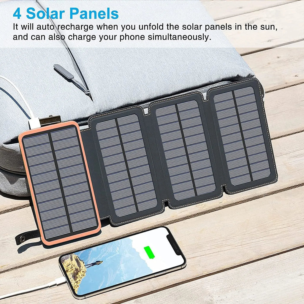 Outdoor solar phone charger with leather casing showing solar panel and LED light