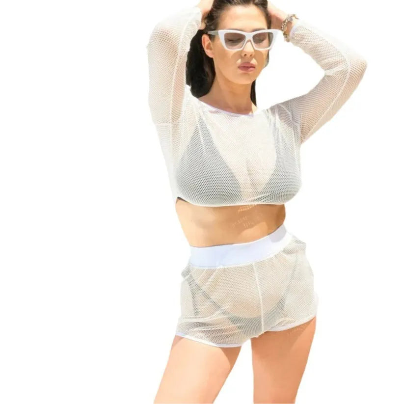 White transparent women's swimsuit set on a hanger, showing top and matching skirt.
