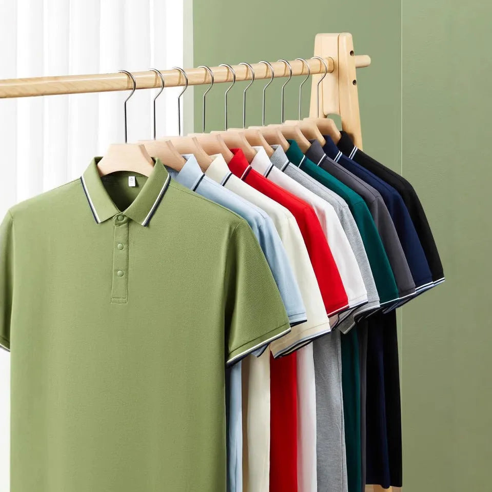 Man wearing a pure cotton short sleeve polo shirt with a lapel collar in army green colour.
