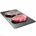Black aluminium fast defrosting tray for thawing frozen meat and food.