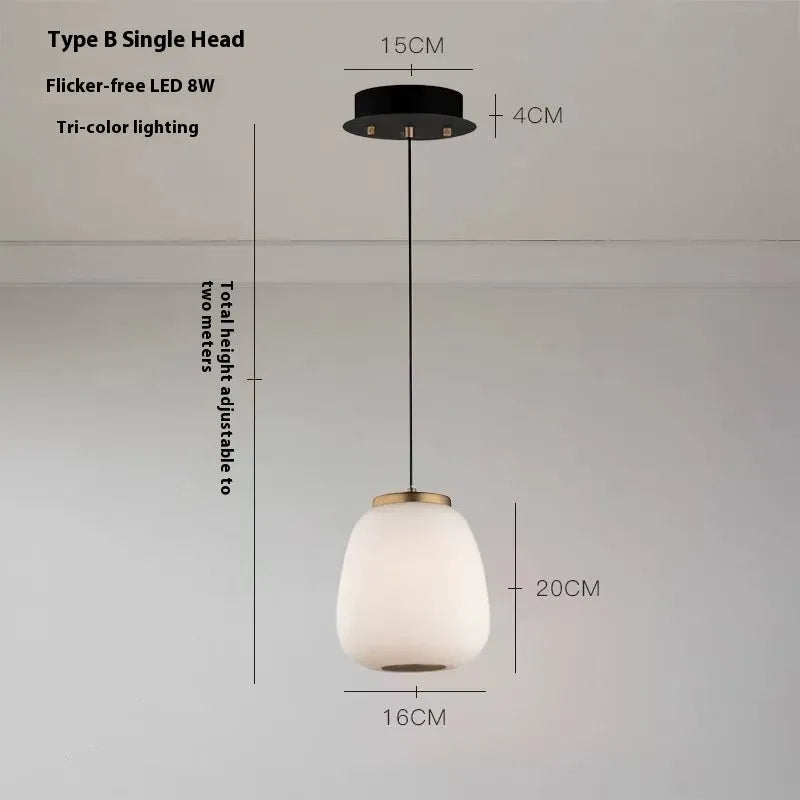 Modern minimalist glass chandelier with warm LED light, iron frame, Type C style