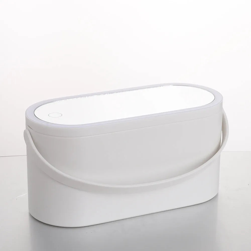 Pink gradient portable LED makeup mirror storage box open to show organisers and mirror