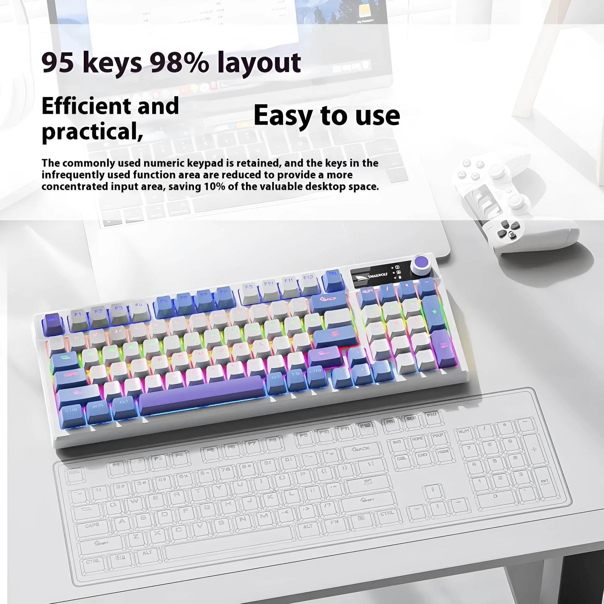 SK15 wired mechanical keyboard with control knob in Autumn Water Blue colour on desk