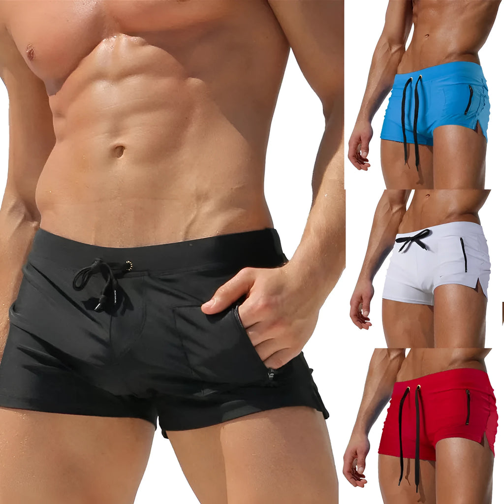 Men's high waist swimming trunks with lace-up front in solid colours