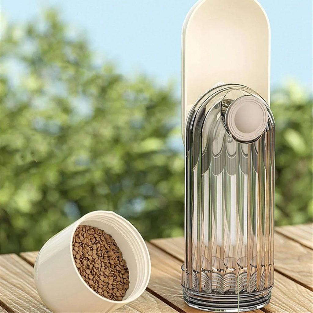 Foldable dog water bottle with food dispenser in beige or green colour for walking and hiking