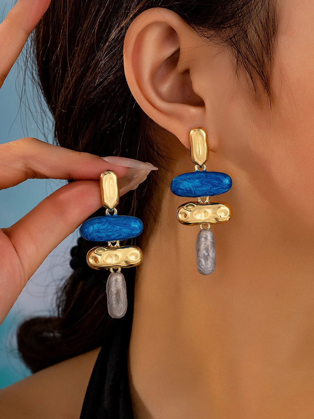 Geometric zinc alloy stud earrings with electroplated multicolour finish and butterfly fastenings