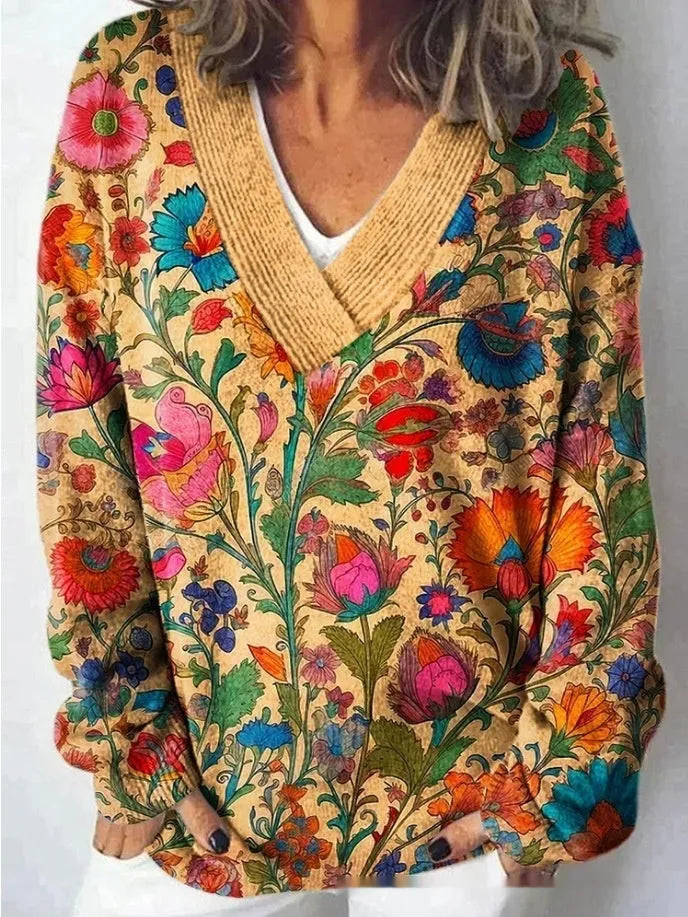 Women's long sleeve V-neck sweatshirt with a detailed 3D floral print in an art retro style.