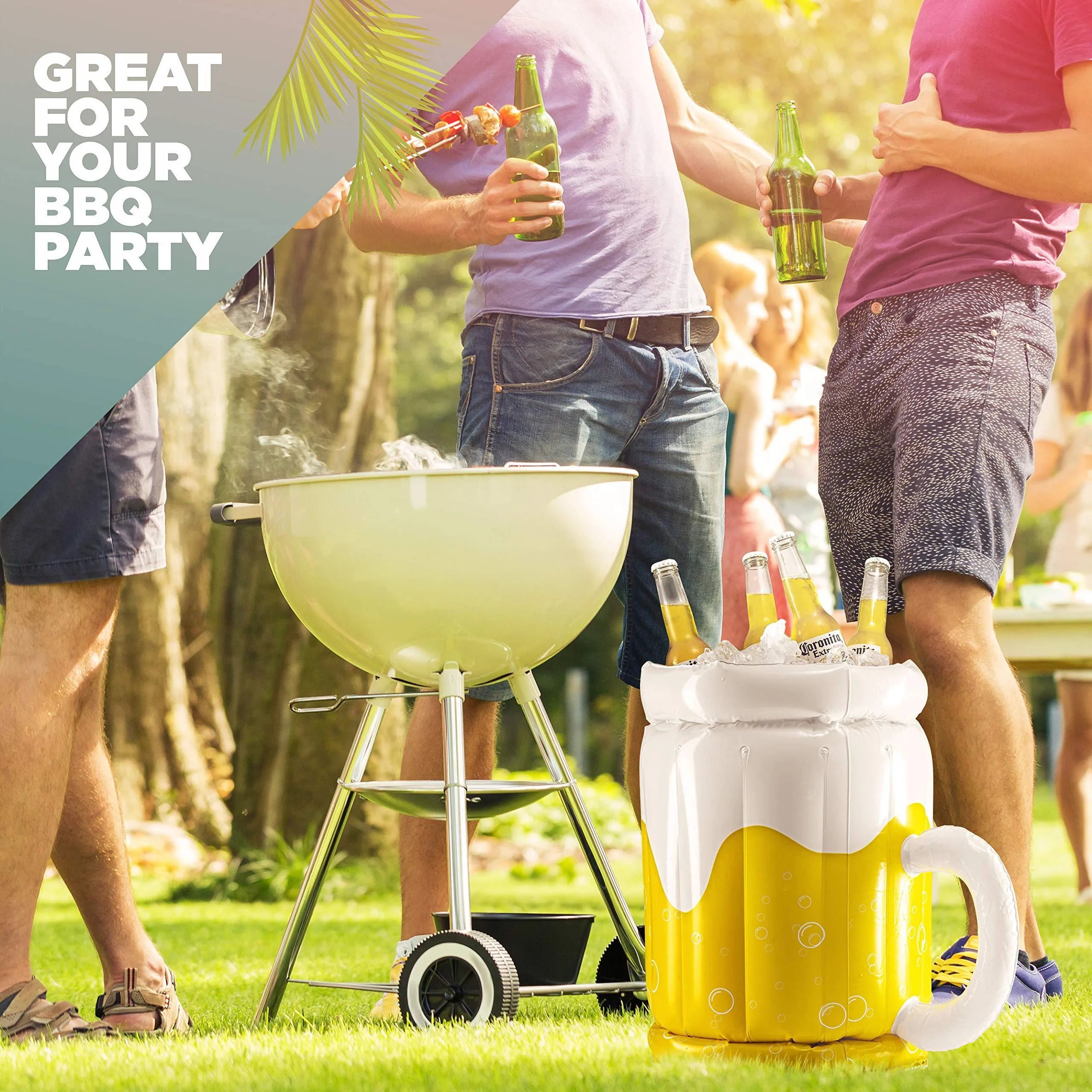 Large yellow inflatable beer mug cooler pool float with 44cm height and 32cm diameter dimensions