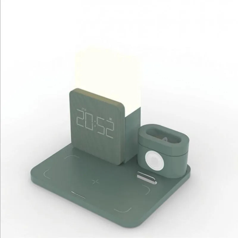Dark green Qi wireless charger stand with foldable phone holder and cooling ventilation
