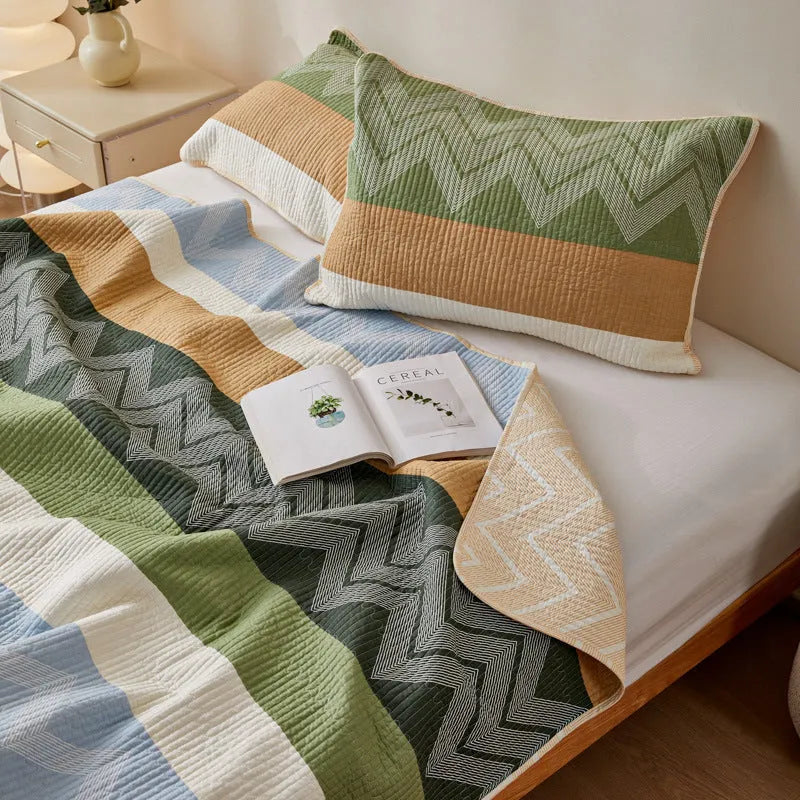 Pure cotton printed bed sheet set showing fitted sheet, flat sheet and pillowcase in modern simple design