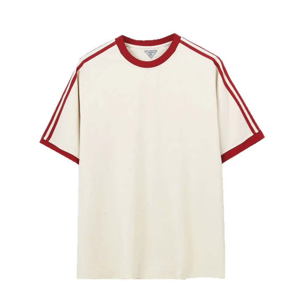 Ice silk stripes five-point top in ice-feeling cotton, loose fit pullover design, unisex summer shirt