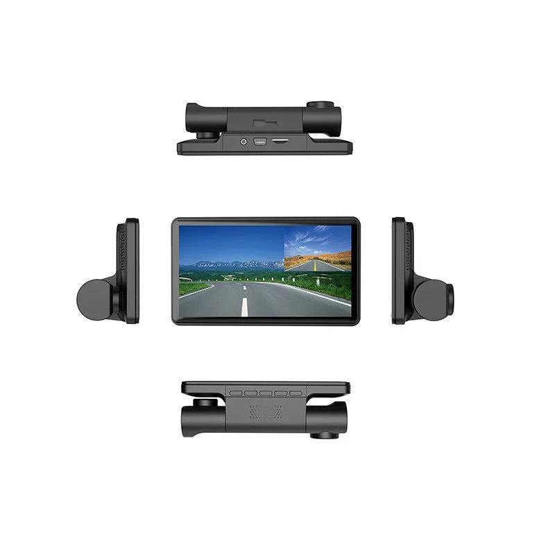 Black three lens dashcam with 4 inch front and rear screen for vehicle monitoring