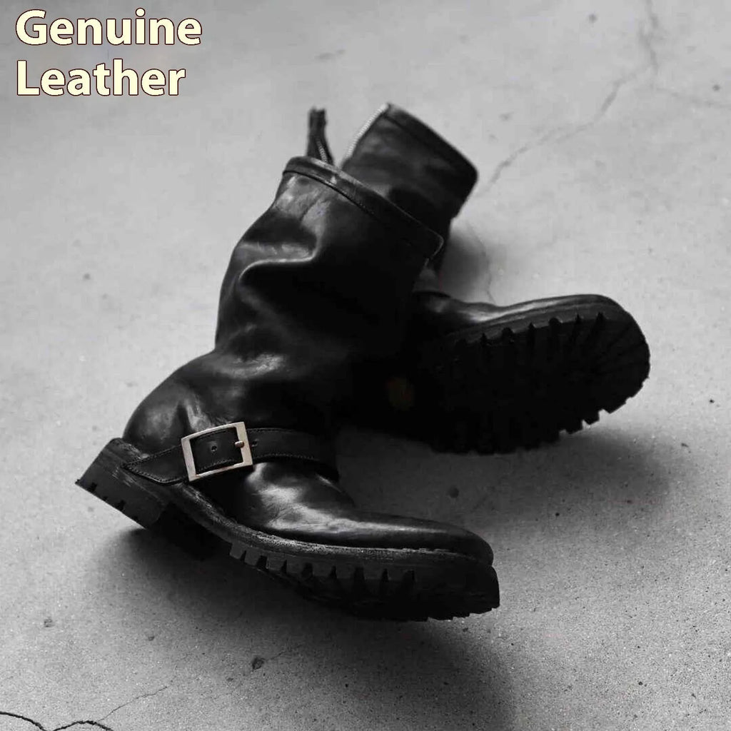 Men's black retro Martin boots with side zipper and round toe design