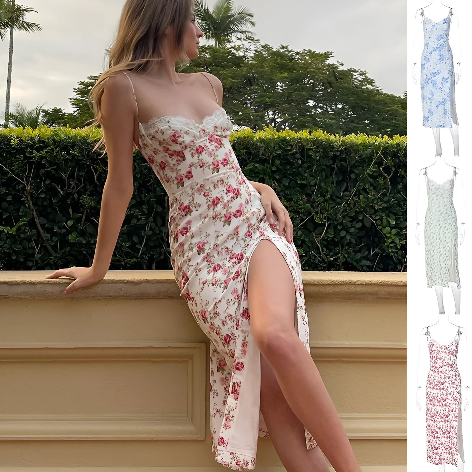 Women's long blue summer dress with lace flowers print, suspender straps, and a side slit.