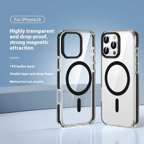 Transparent magnetic phone case with anti-fall protection in Obsidian Black for Apple iPhone 15 Pro