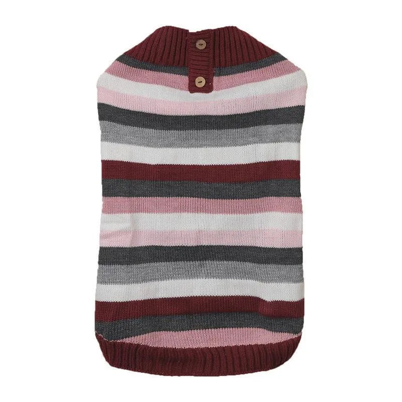 Grey dog sweater with blue horizontal zipper and button pockets on small dog