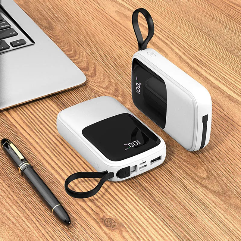 Portable power bank with multi-USB output, 104mm dimensions, black plastic shell